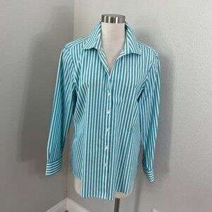 Foxcroft Womens XL Wrinkle‎ Free Turquoise White Striped Button Up Shirt Blouse